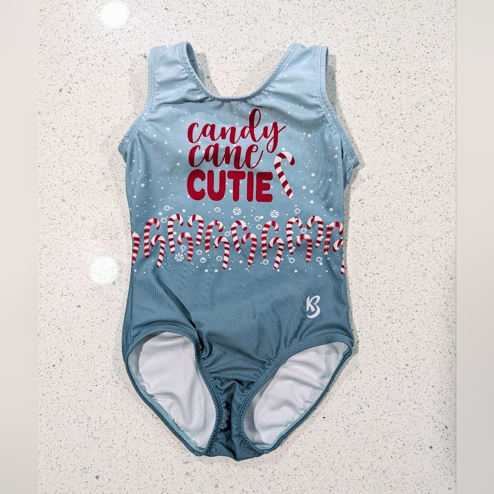 CHRISTMAS KBee Child Medium 7/8 Gymnastics Dance Leotard Blue Gray CANDY CANES